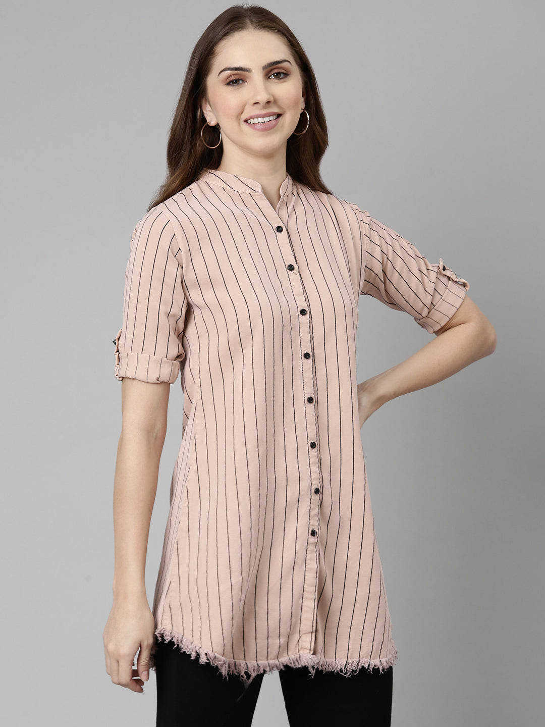 Women Pink Striped Longline Shirt