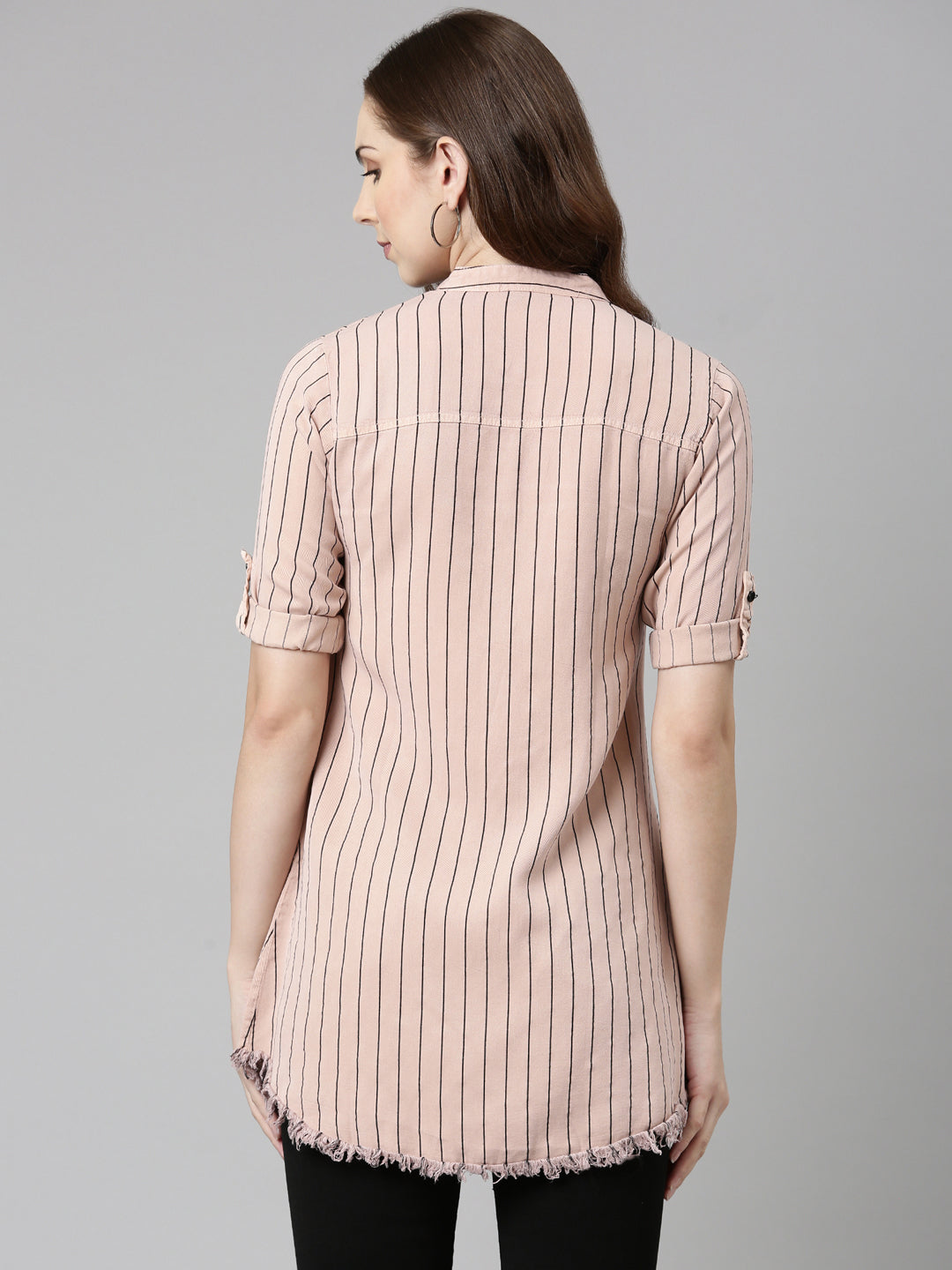 Women Pink Striped Longline Shirt