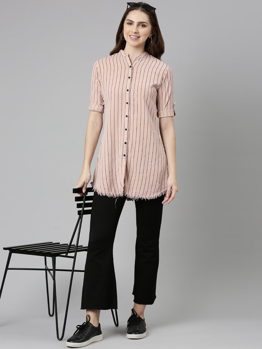 Women Pink Striped Longline Shirt