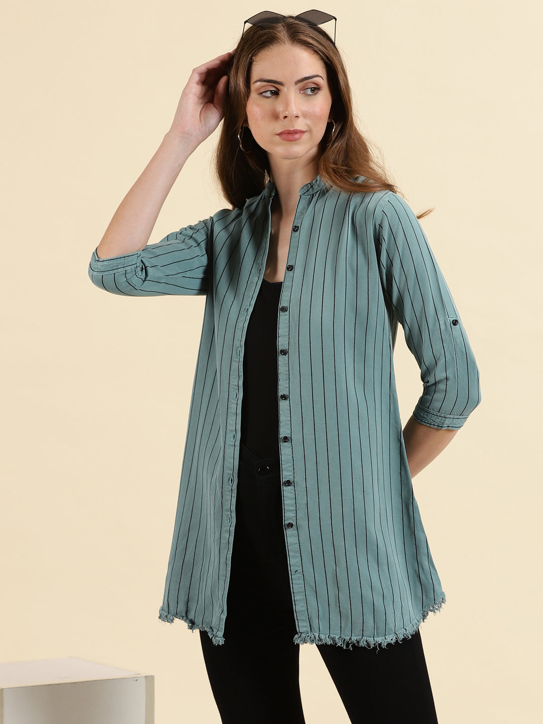 Women's Teal Striped Longline Shirt