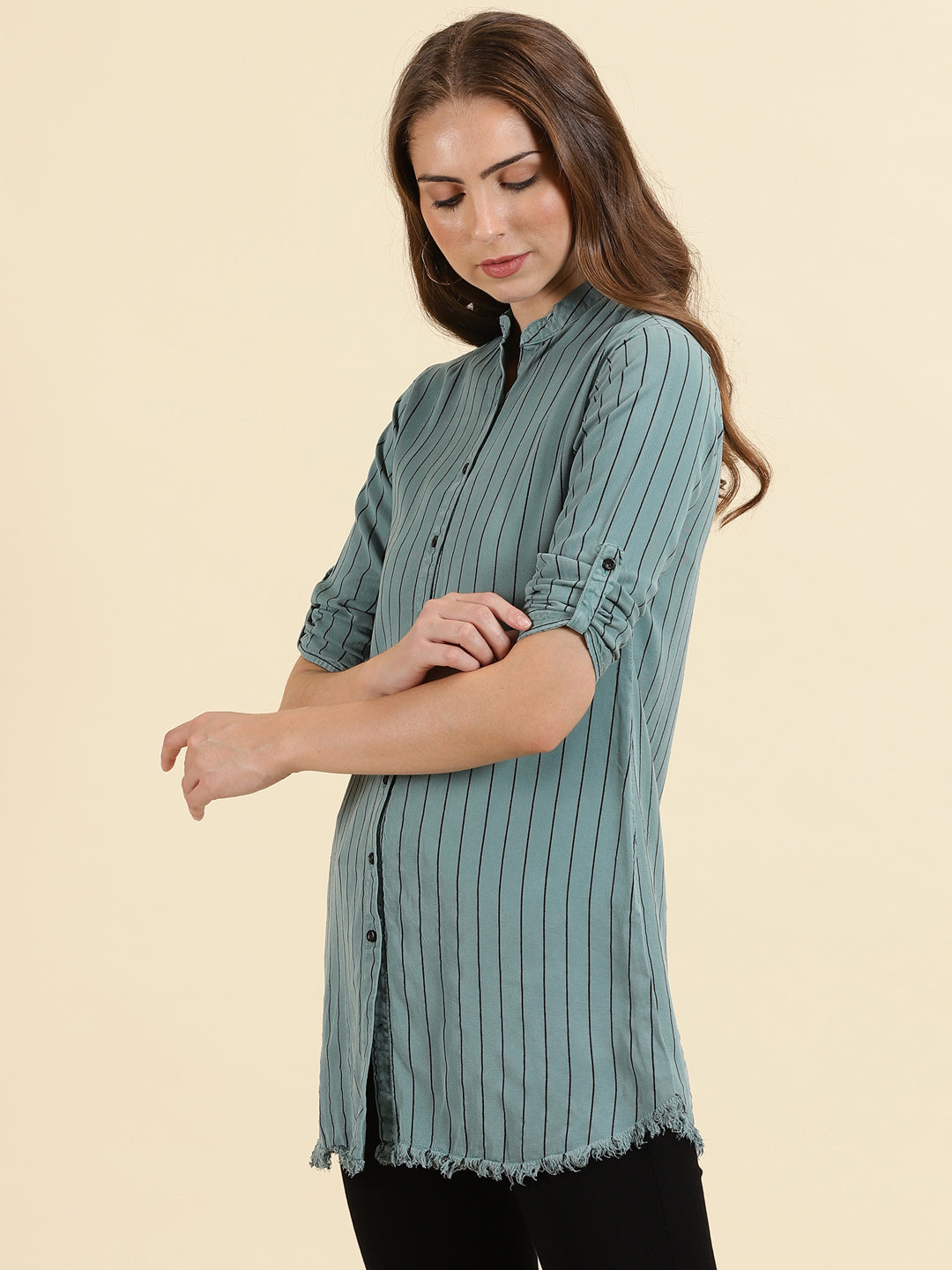 Women's Teal Striped Longline Shirt