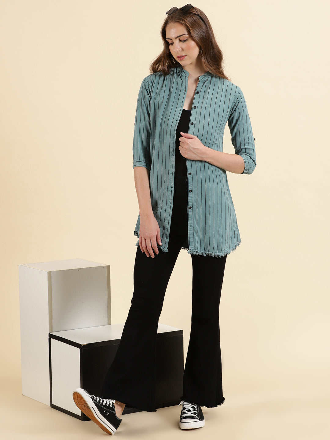 Women's Teal Striped Longline Shirt