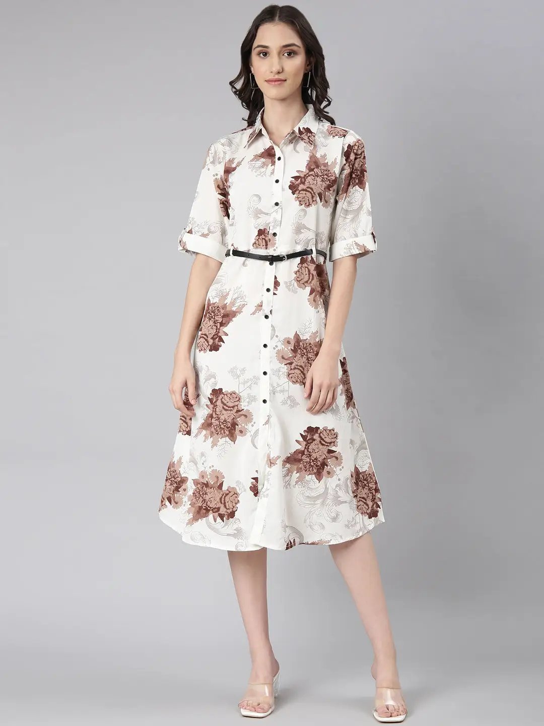 Women's Off White Floral Shirt Dress