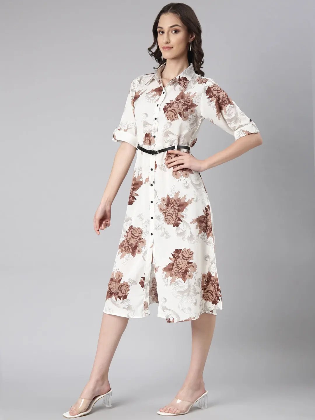 Women's Off White Floral Shirt Dress