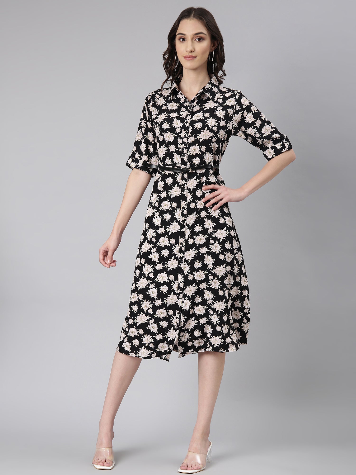 Women Black Floral Shirt Dress