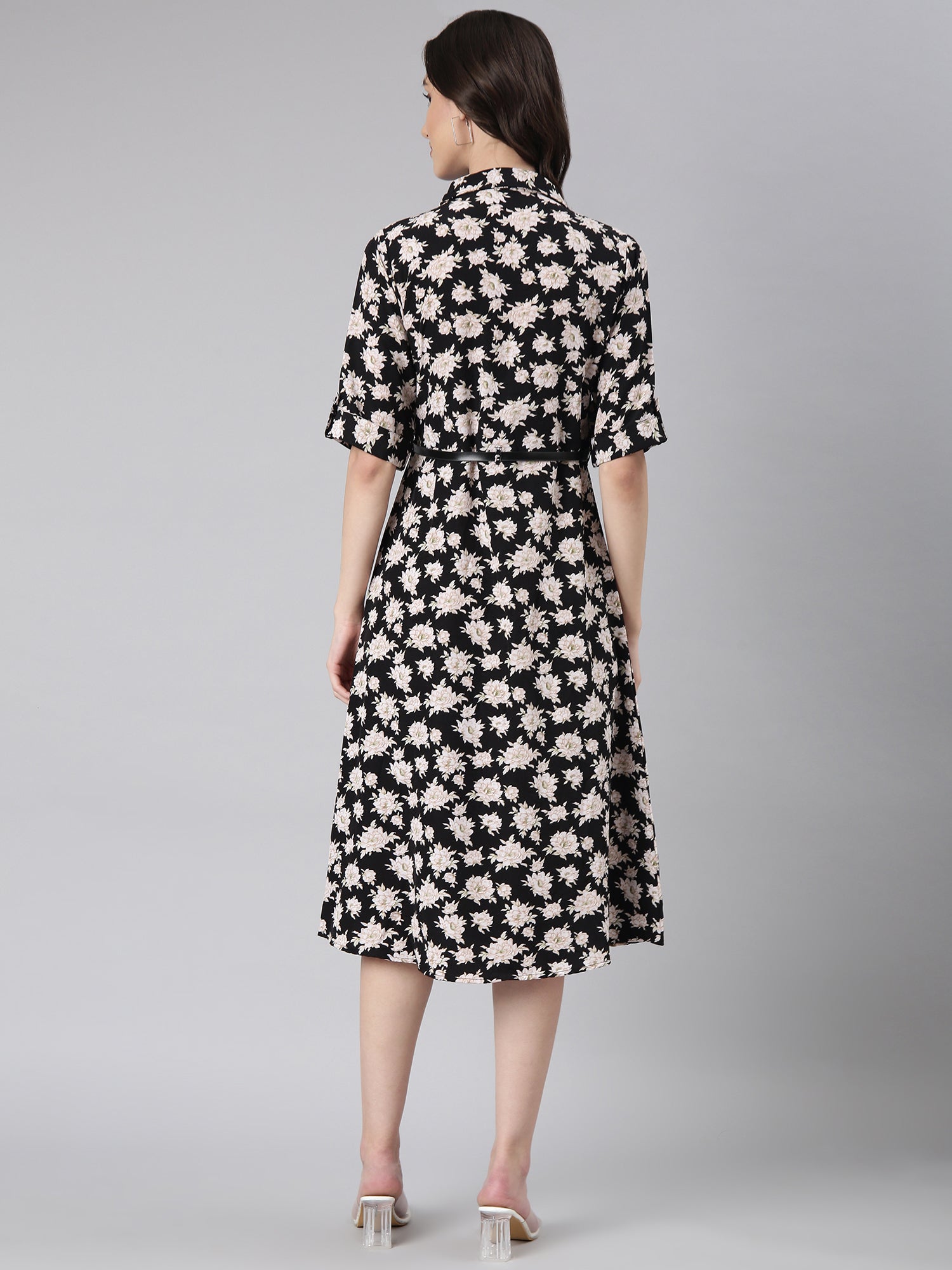 Women Black Floral Shirt Dress