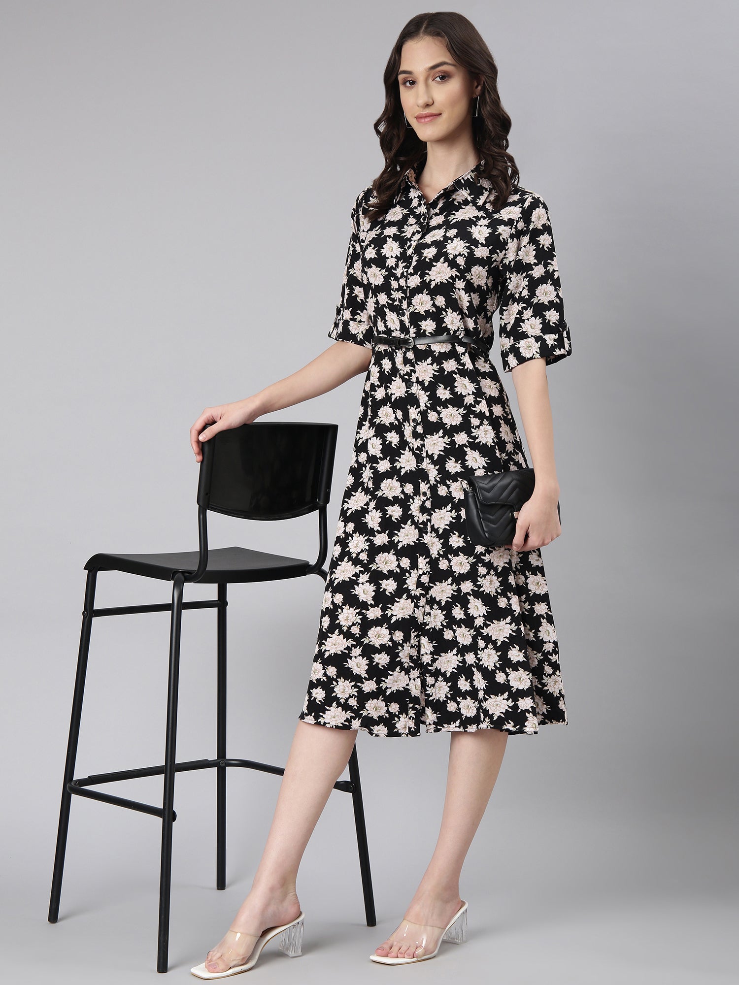 Women Black Floral Shirt Dress