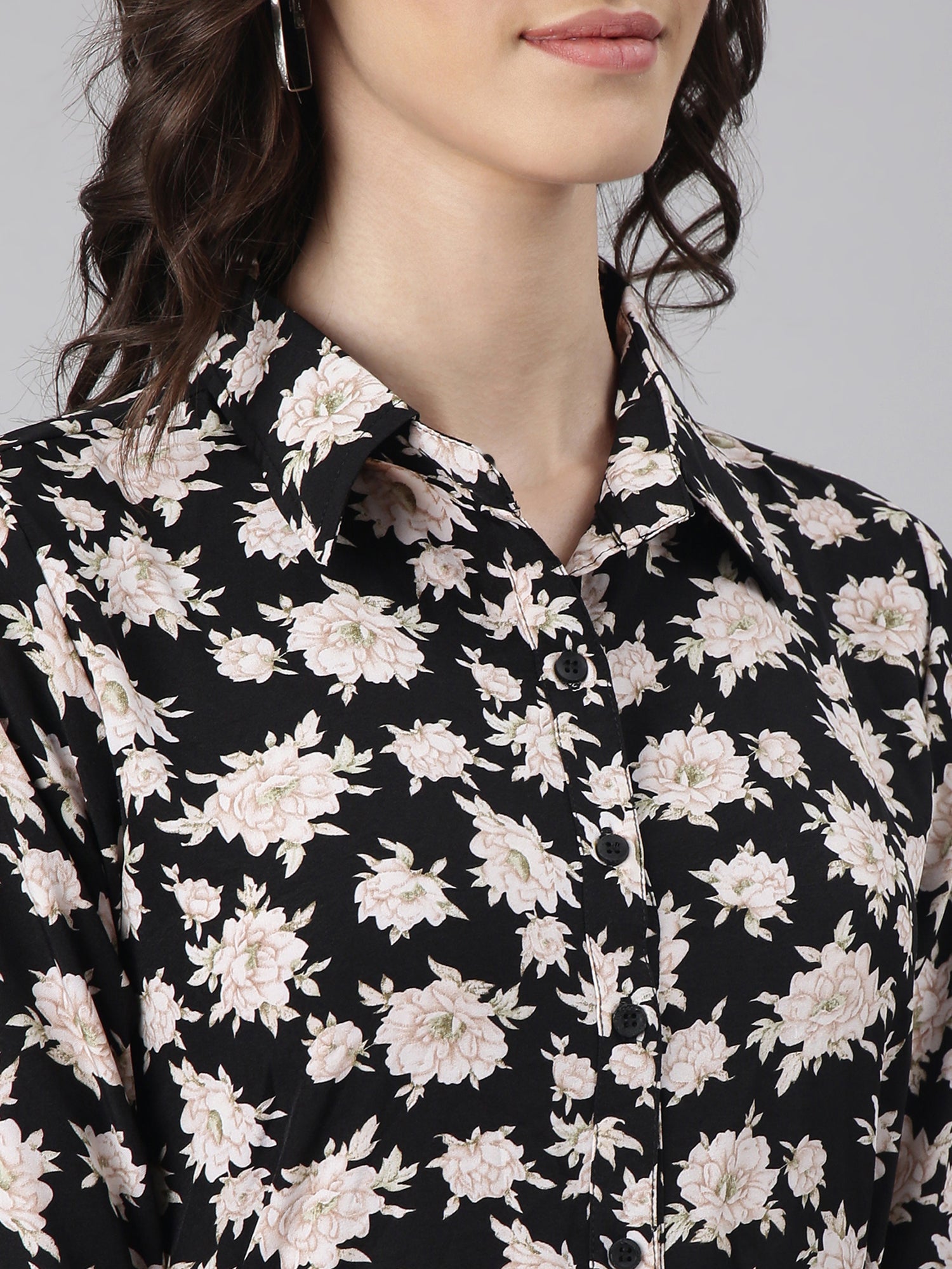 Women Black Floral Shirt Dress