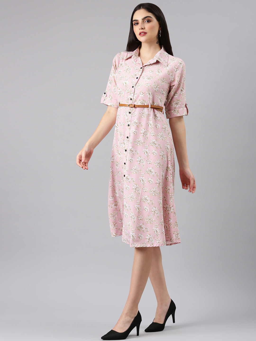 Women Pink Floral Shirt Dress