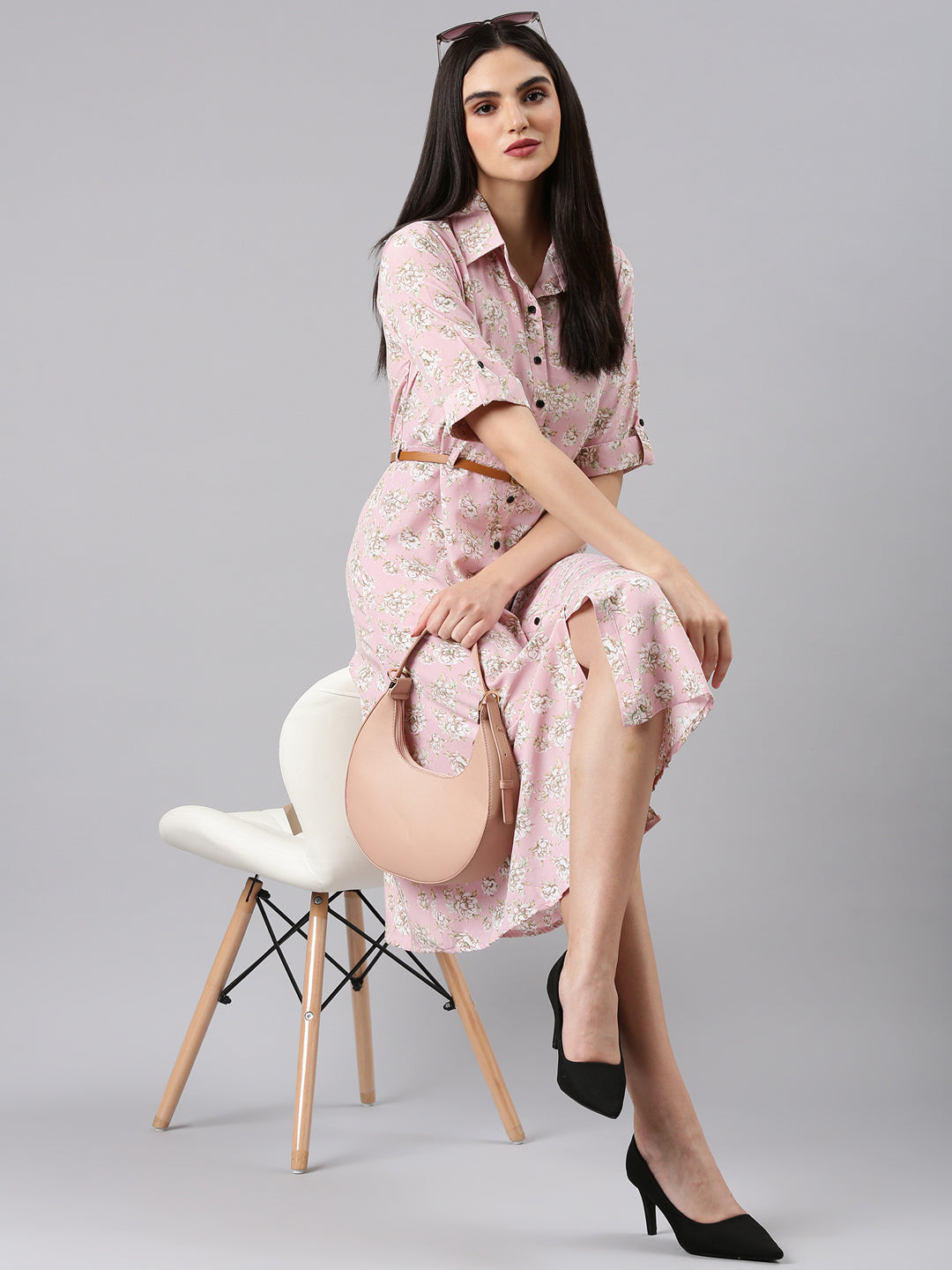 Women Pink Floral Shirt Dress