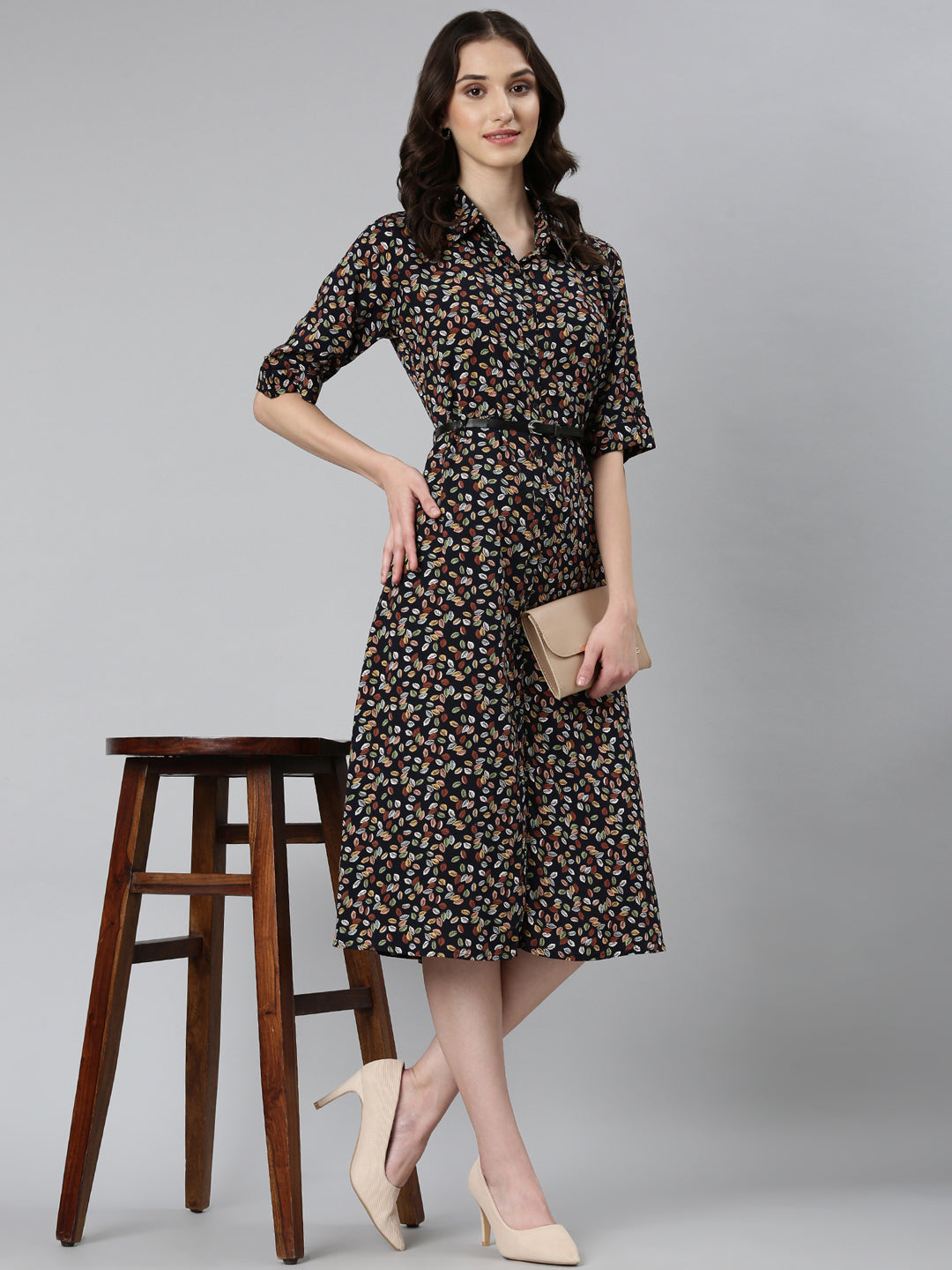 Women's Navy Blue Tropical Shirt Dress