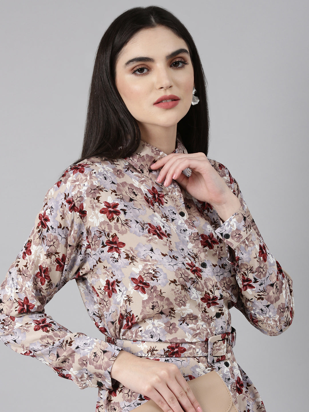 Women Beige Floral Shirt Dress