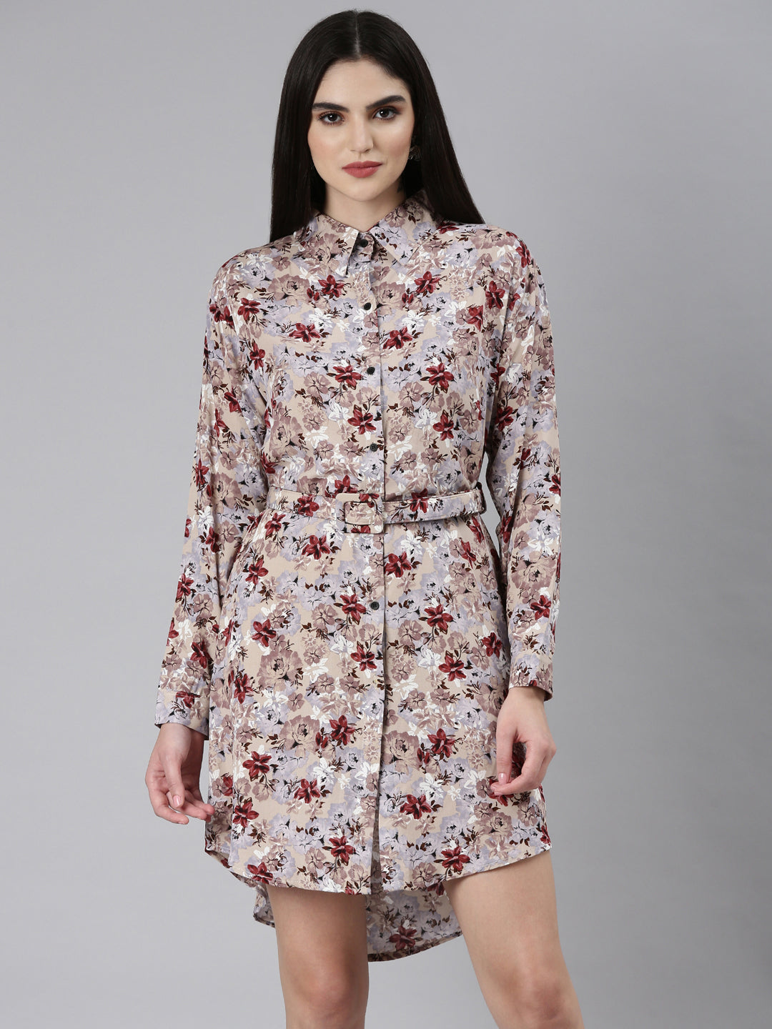 Women Beige Floral Shirt Dress