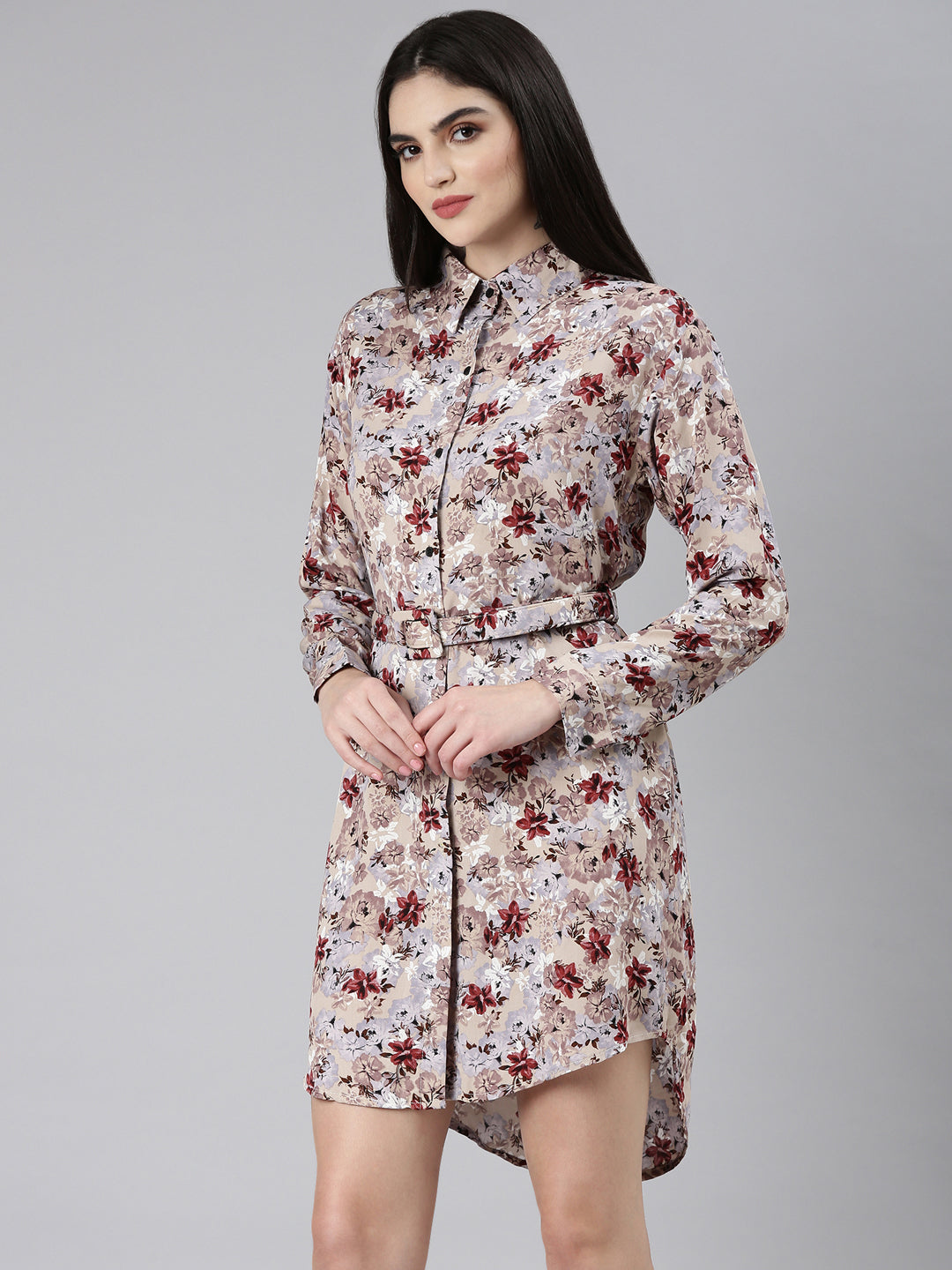 Women Beige Floral Shirt Dress