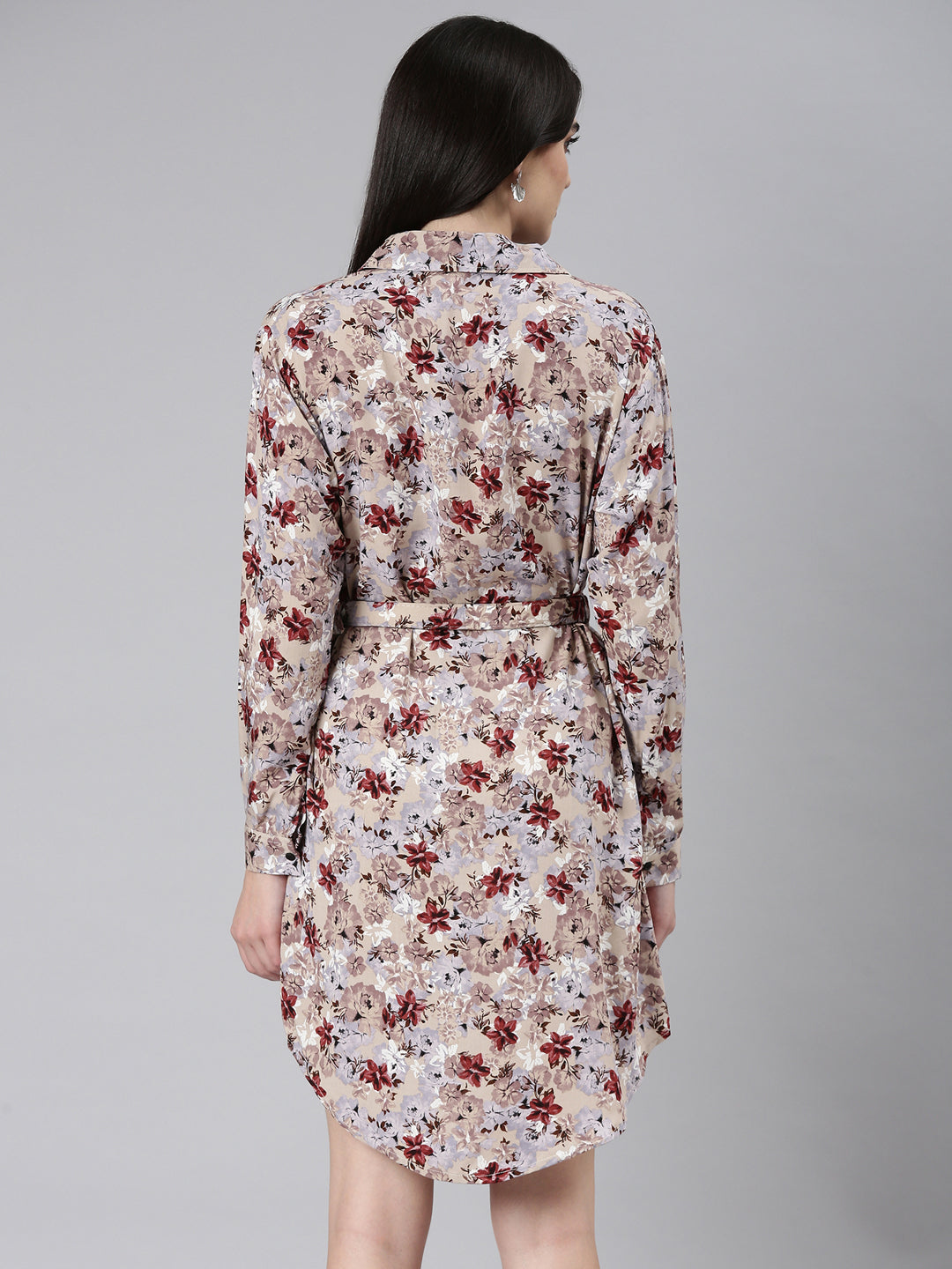 Women Beige Floral Shirt Dress