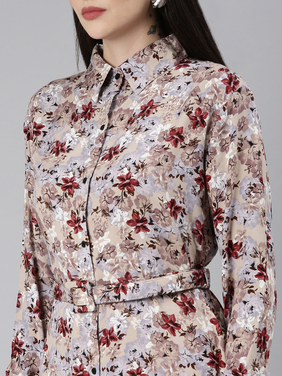 Women Beige Floral Shirt Dress