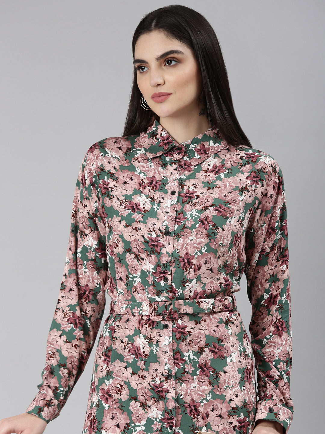 Women Green Floral Shirt Dress