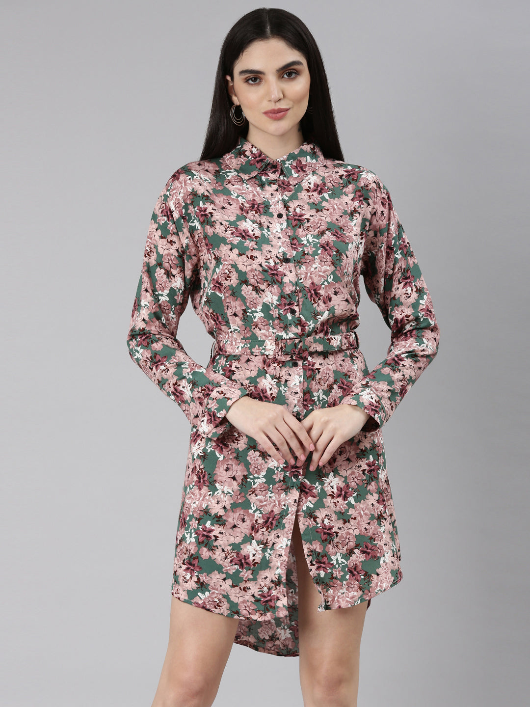 Women Green Floral Shirt Dress