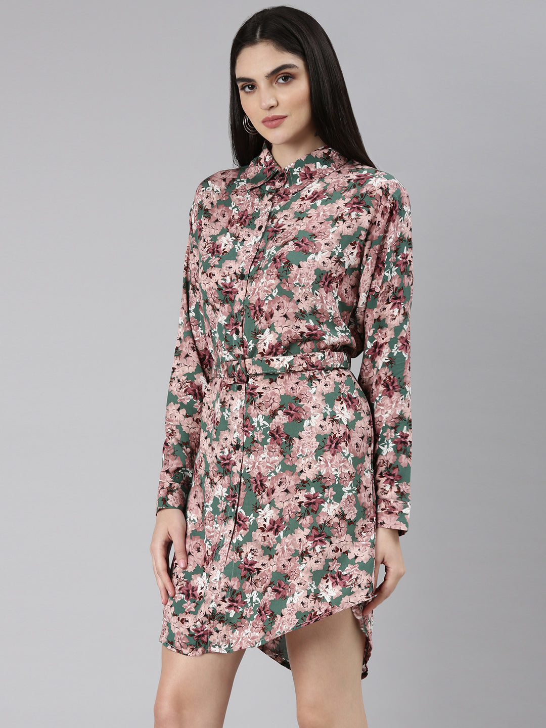 Women Green Floral Shirt Dress