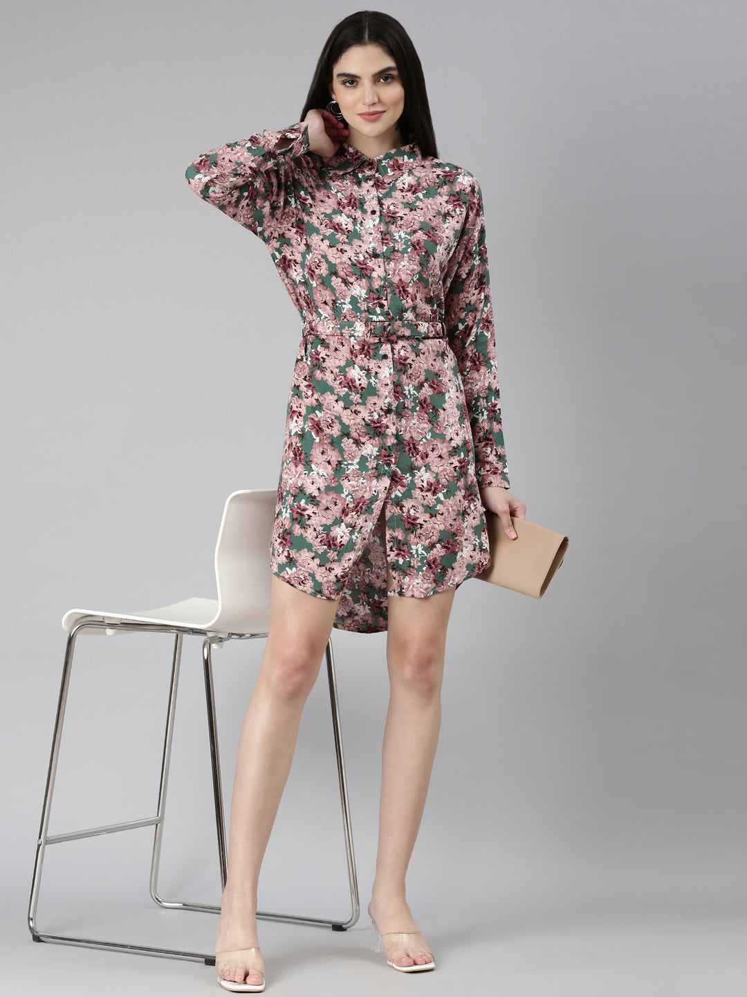 Women Green Floral Shirt Dress