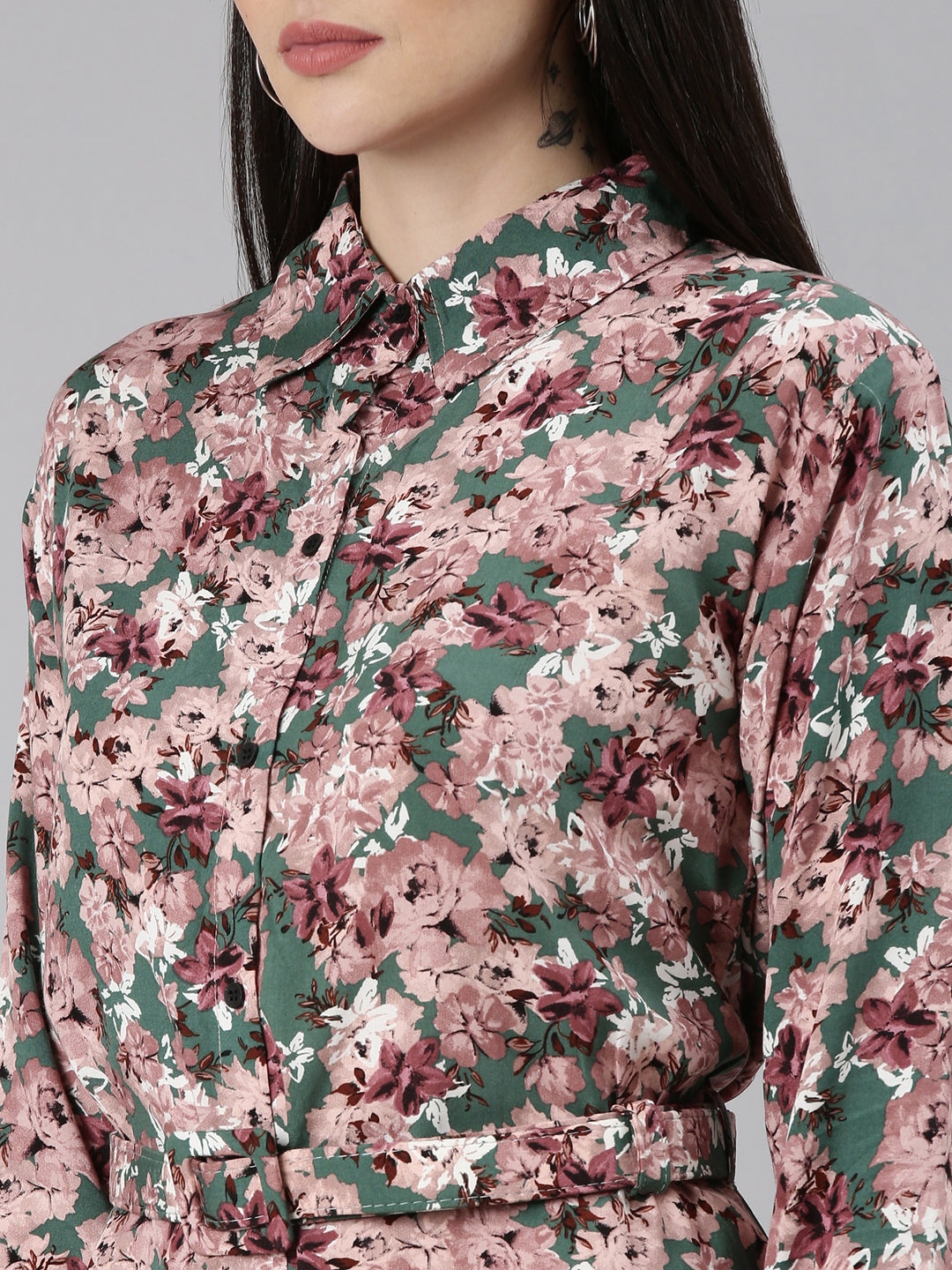 Women Green Floral Shirt Dress