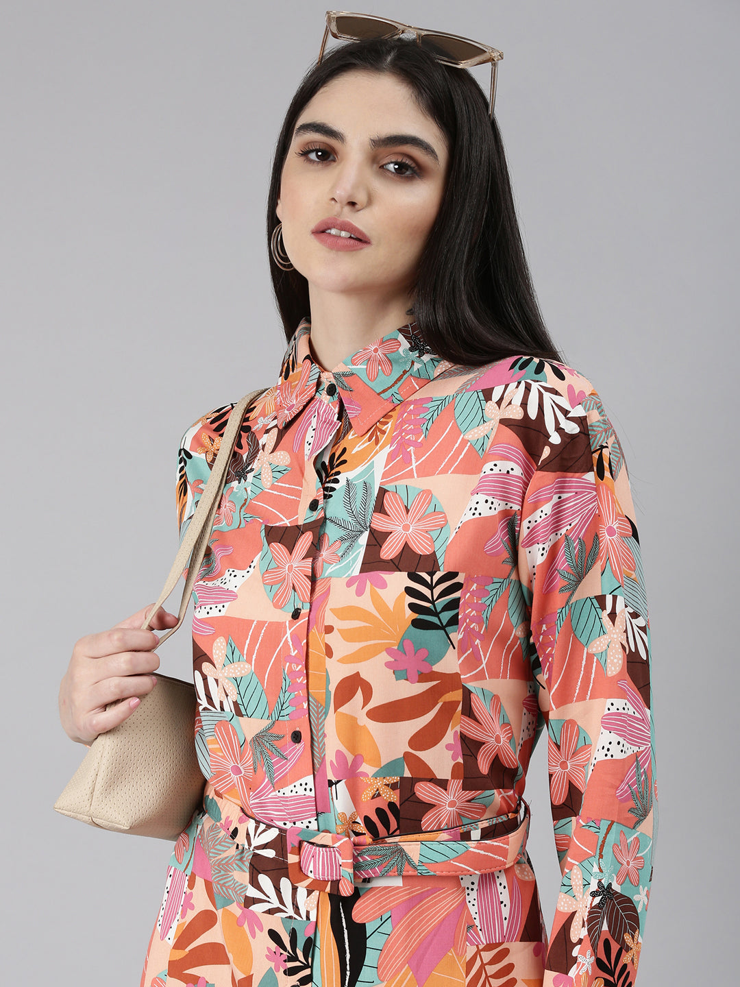 Women Peach Printed Shirt Dress