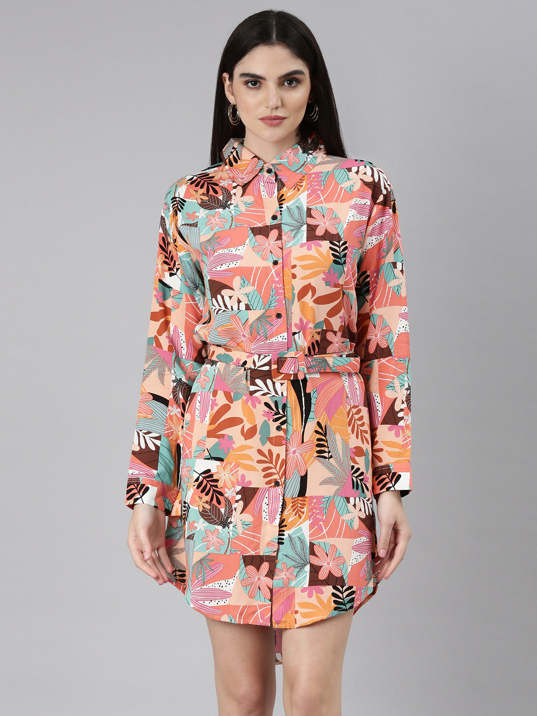 Women Peach Printed Shirt Dress