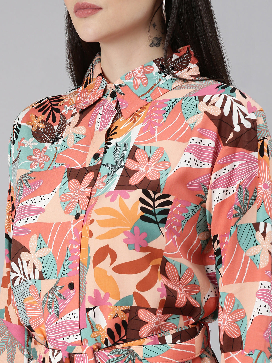 Women Peach Printed Shirt Dress