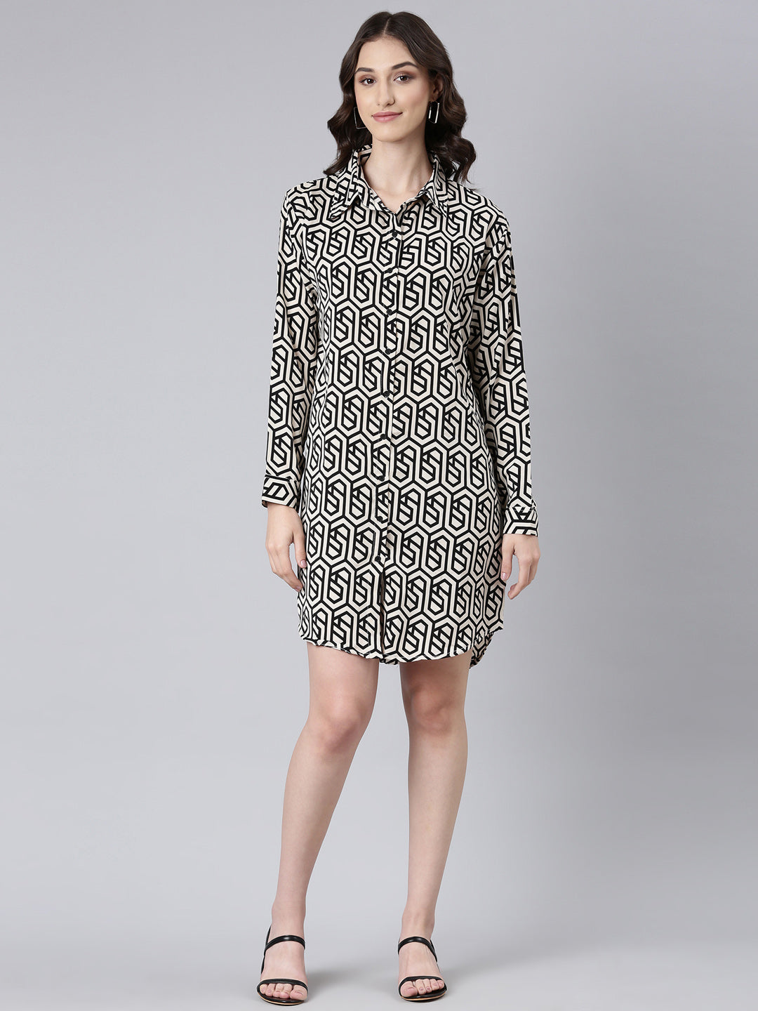 Women Cream Geometrical Shirt Dress