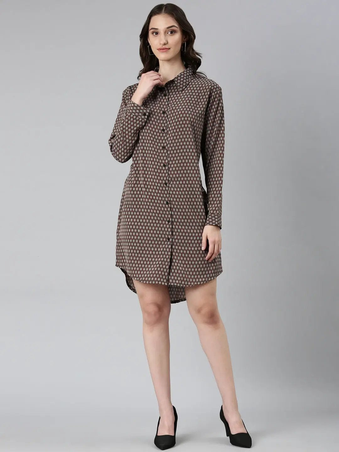 Women's Coffee Brown Geometrical Shirt Dress