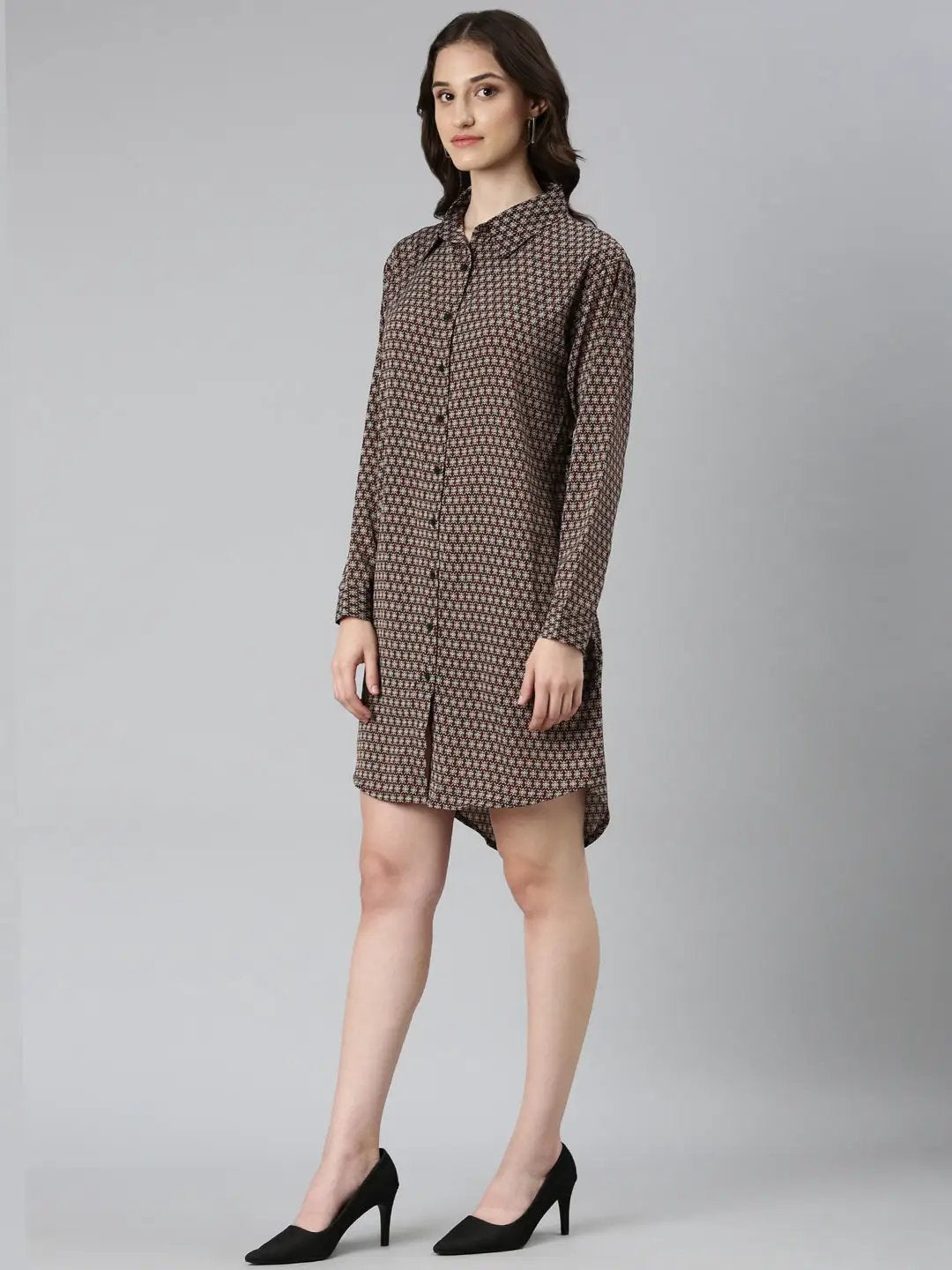 Women's Coffee Brown Geometrical Shirt Dress