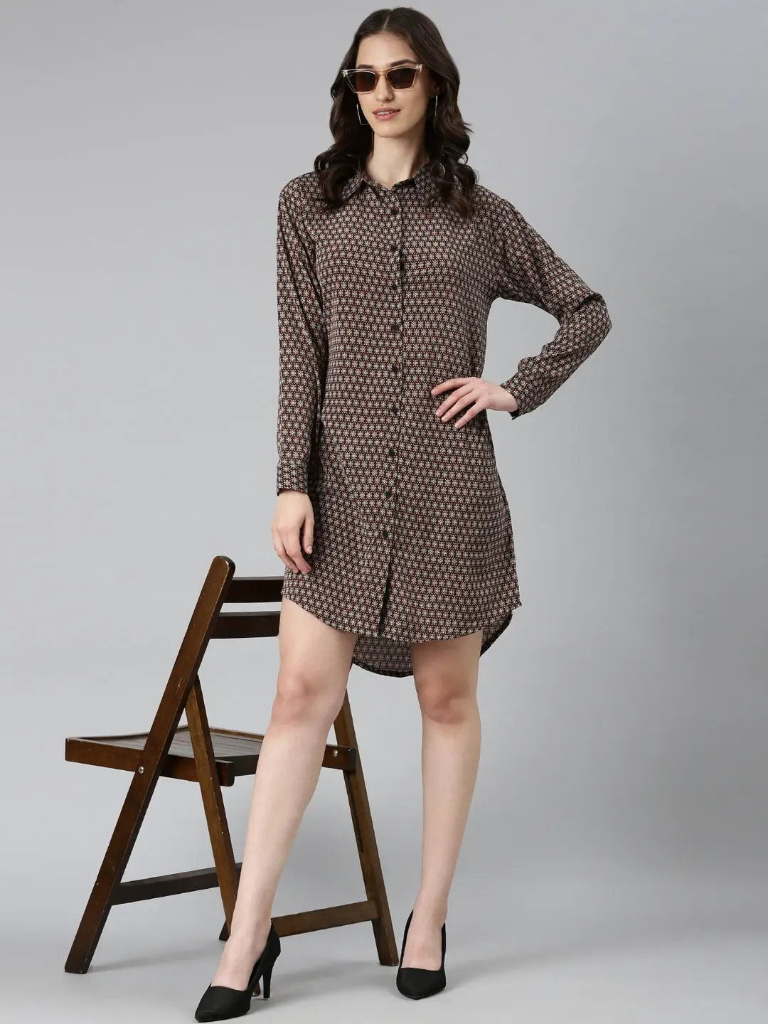 Women's Coffee Brown Geometrical Shirt Dress