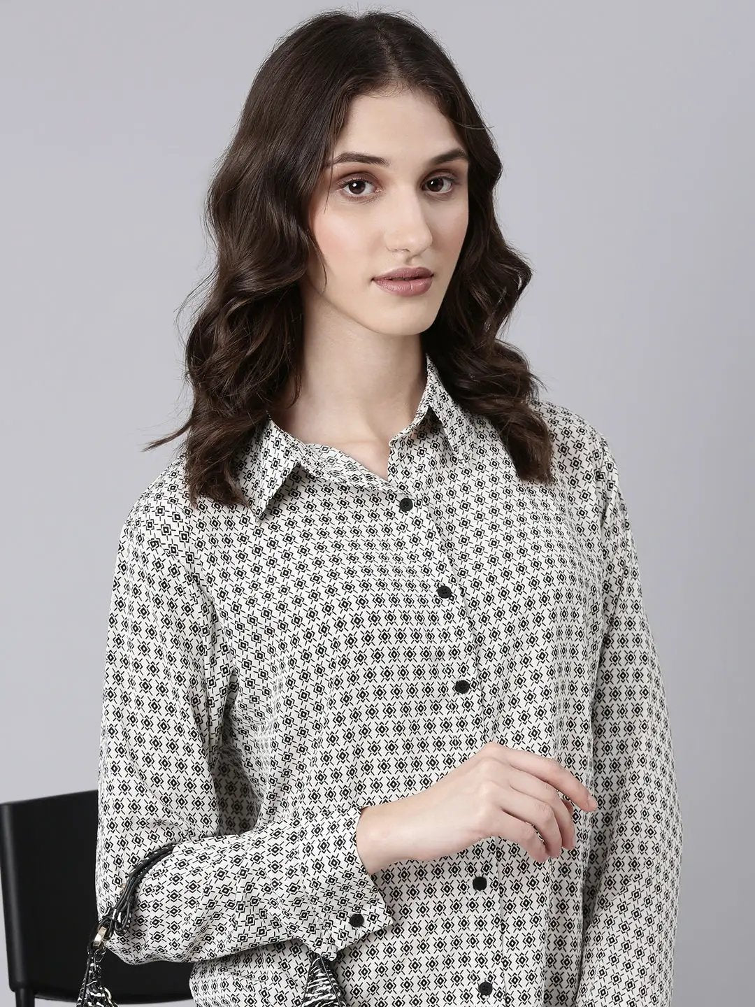 Women's Cream Geometrical Shirt Dress