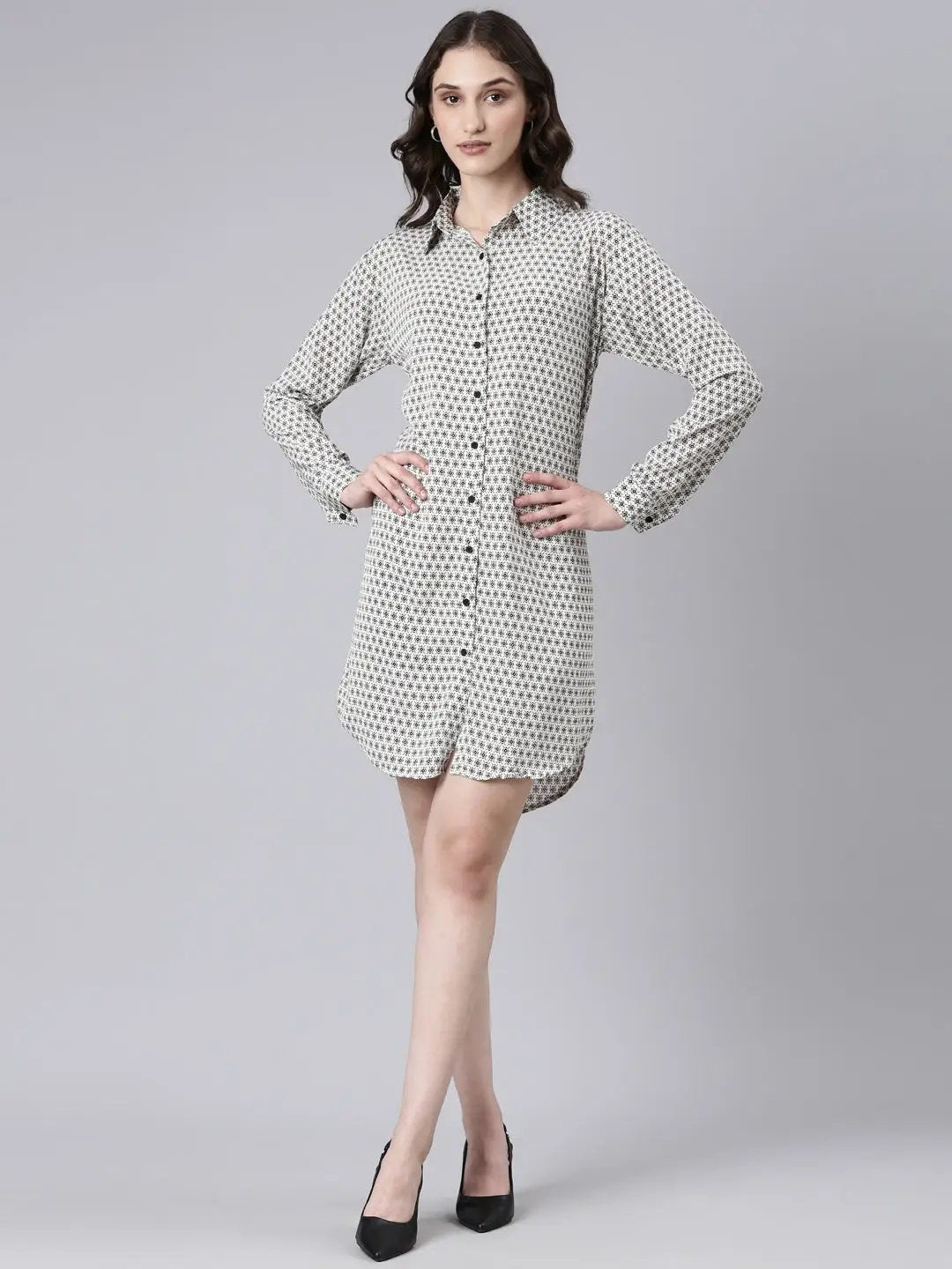 Women's Cream Geometrical Shirt Dress