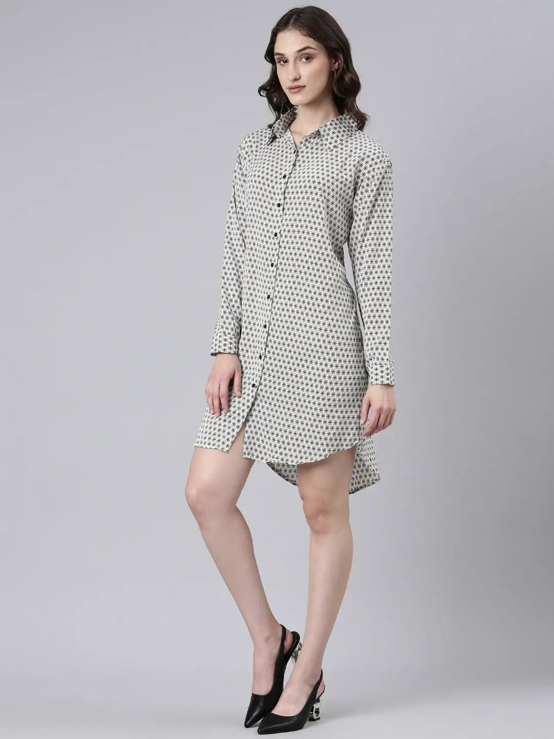 Women's Cream Geometrical Shirt Dress