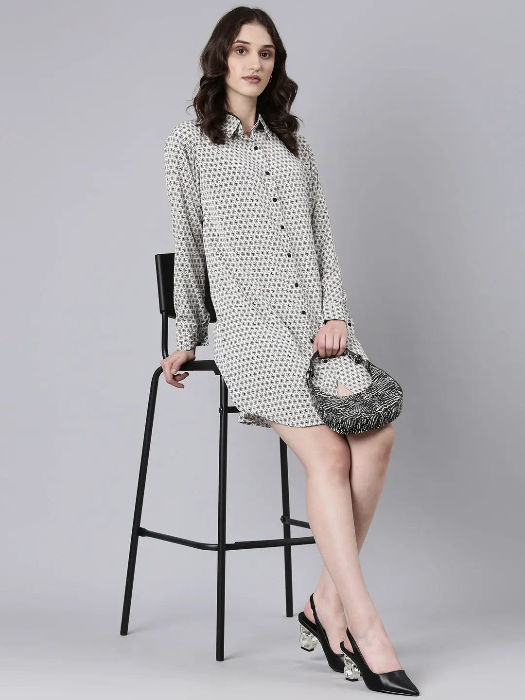 Women's Cream Geometrical Shirt Dress