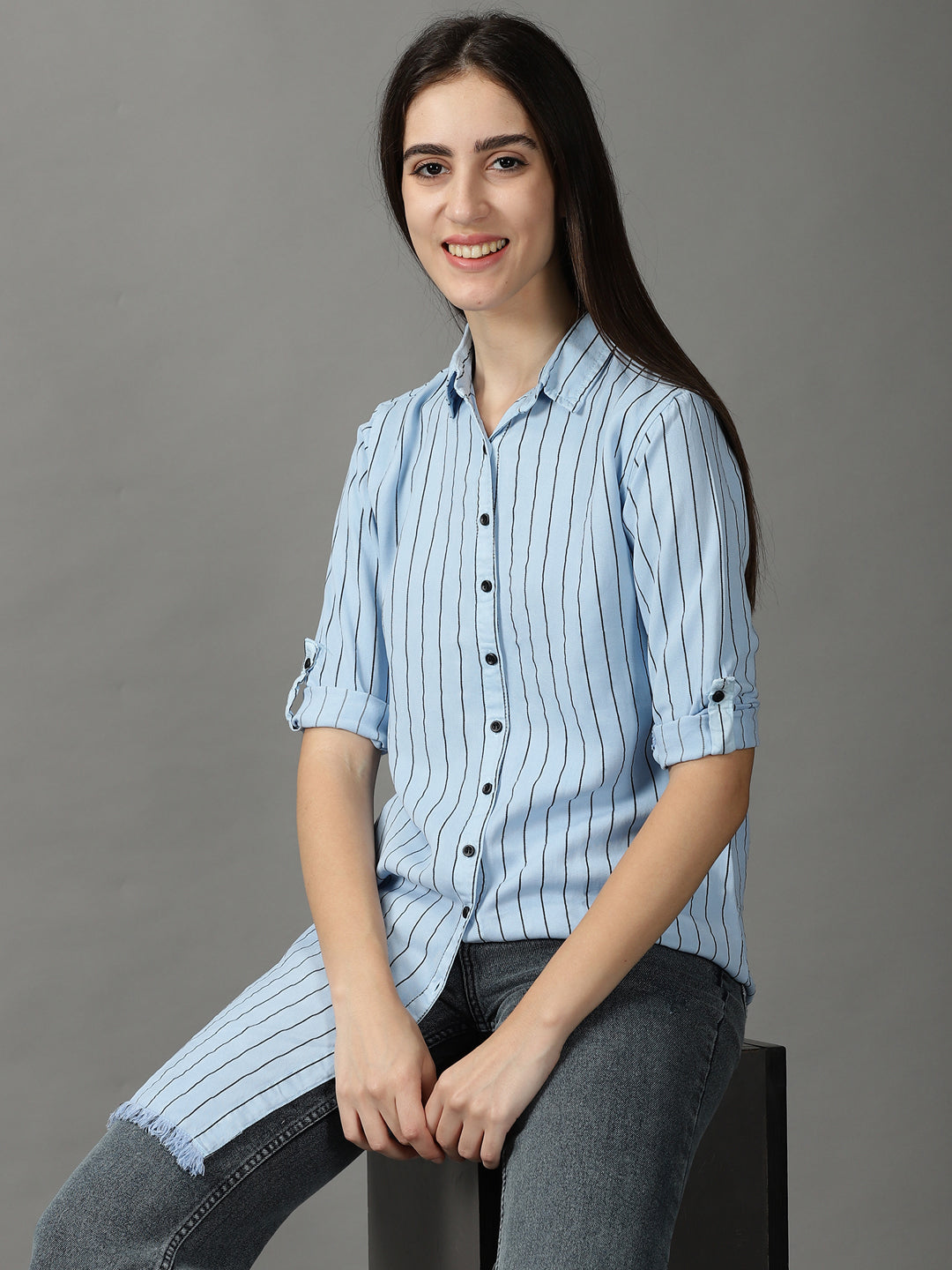 Women's Blue Striped Longline Shirt