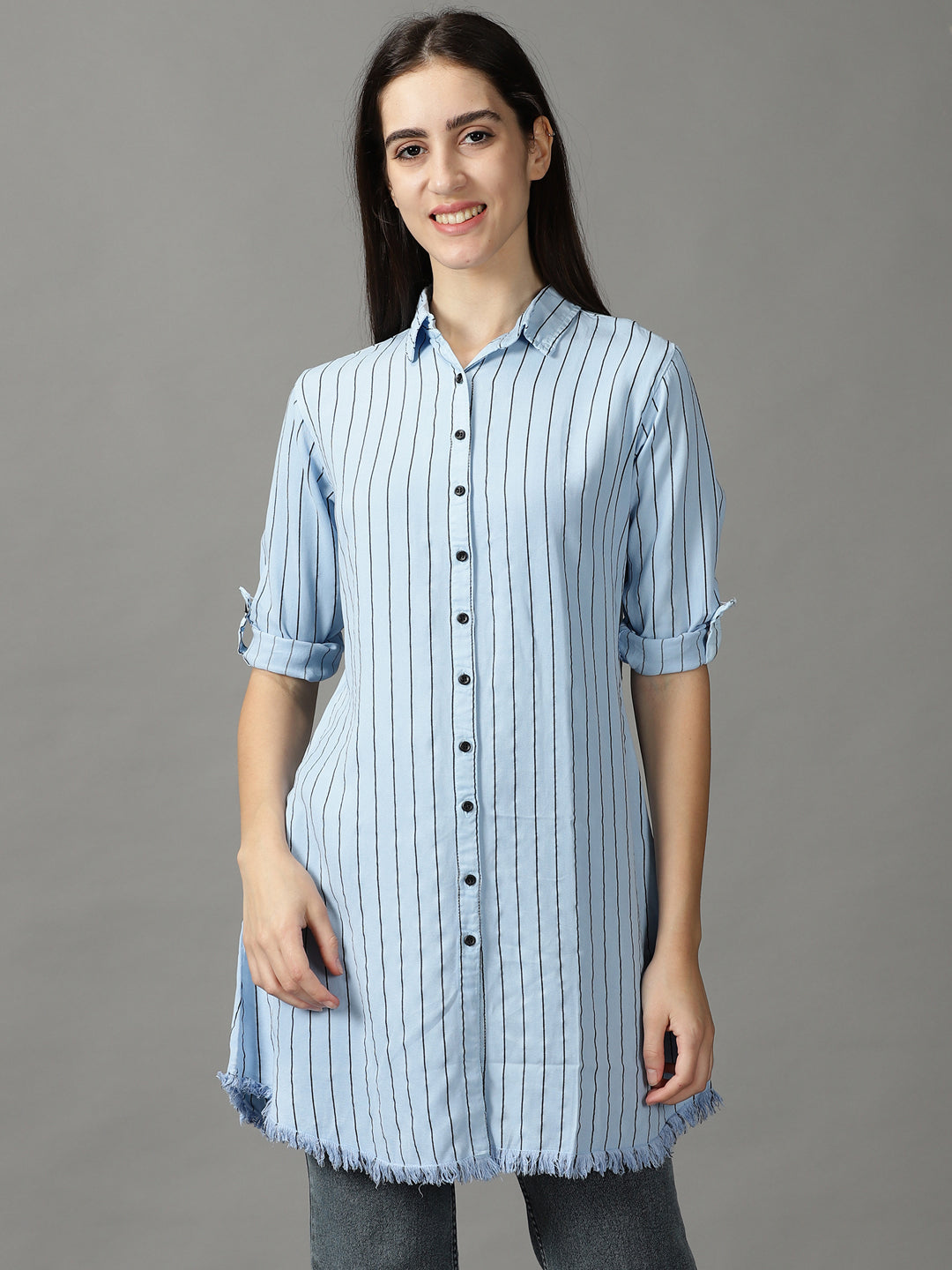 Women's Blue Striped Longline Shirt