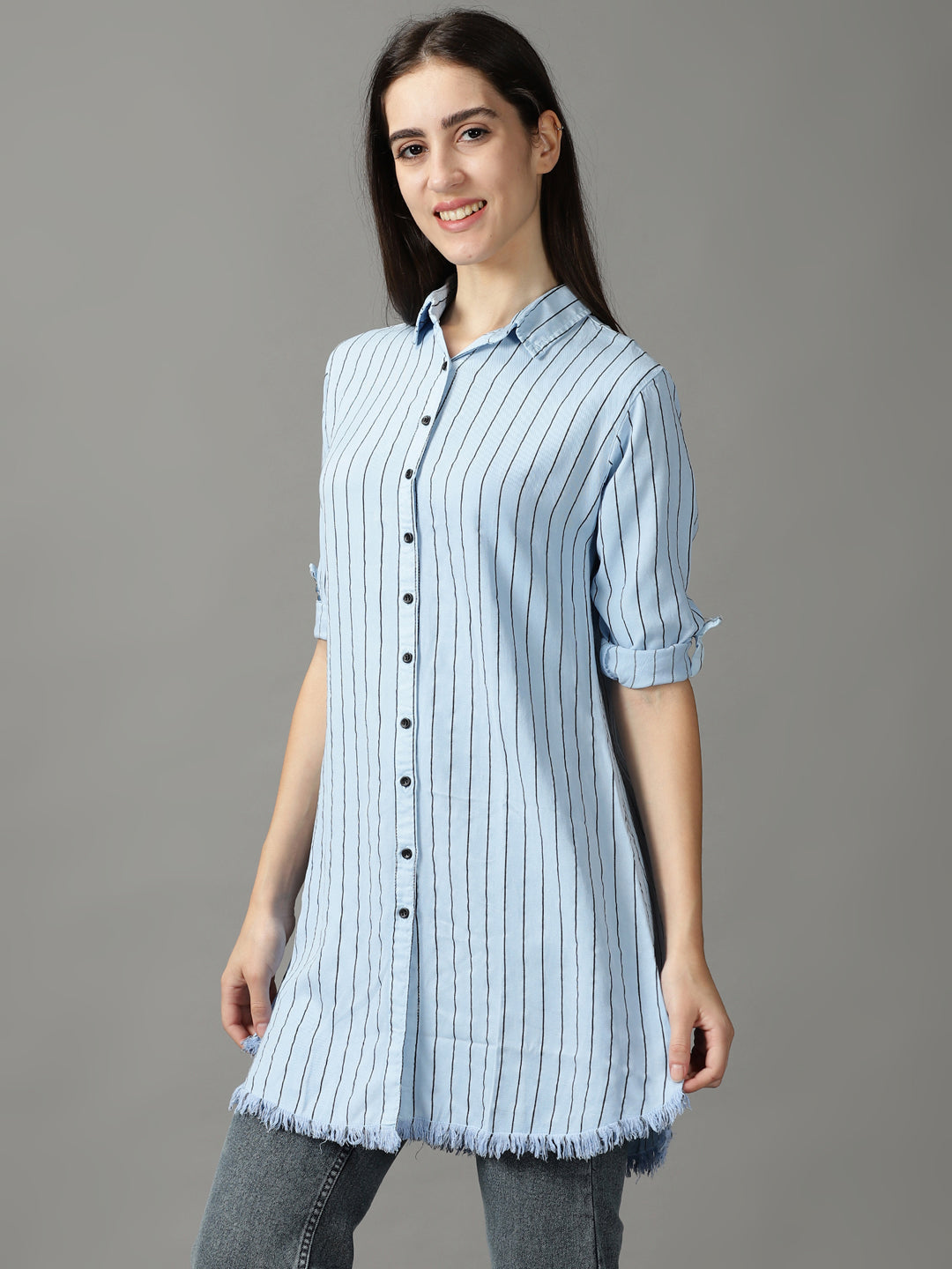 Women's Blue Striped Longline Shirt