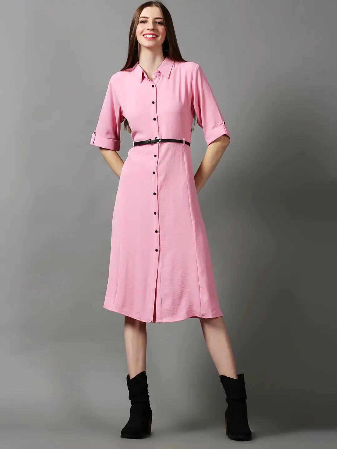 Women's Pink Solid A-Line Dress