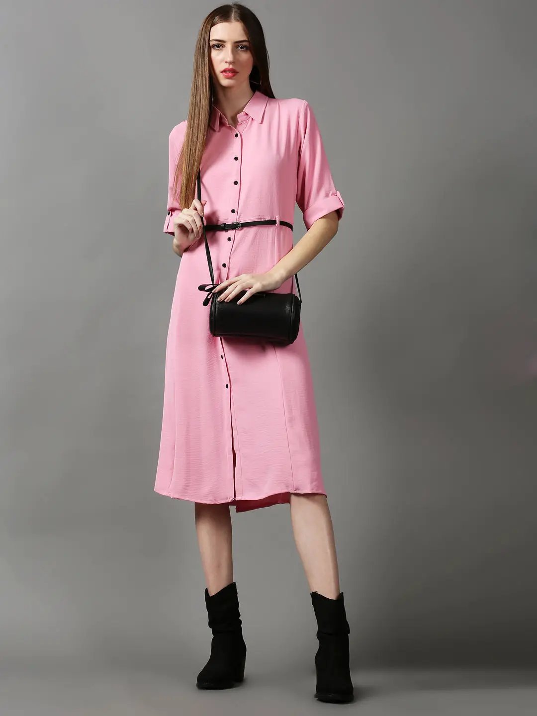Women's Pink Solid A-Line Dress