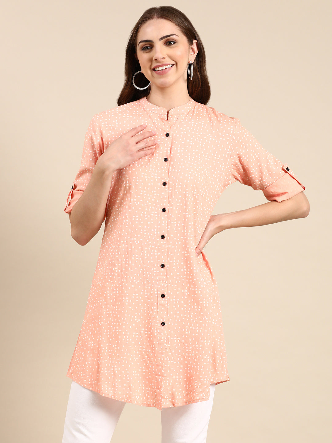 Women's Peach Printed A-Line Kurti