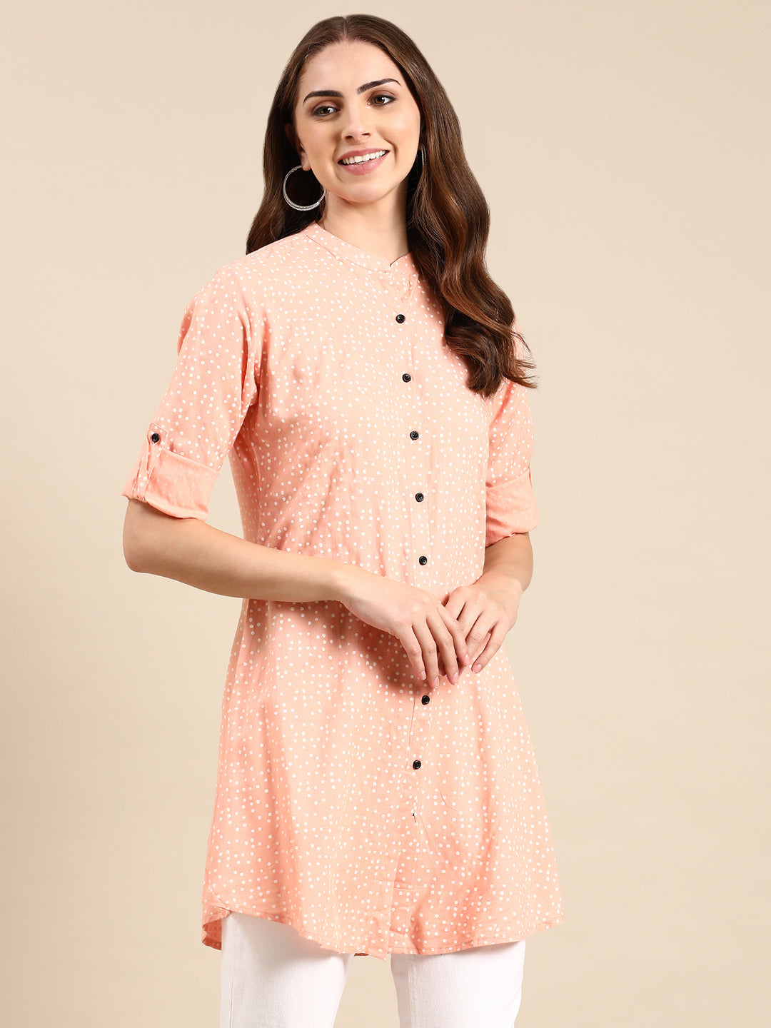 Women's Peach Printed A-Line Kurti