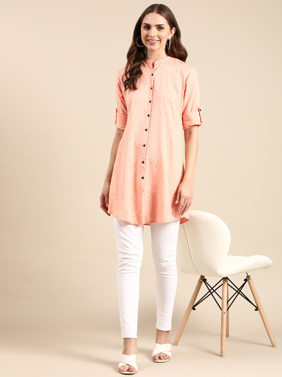 Women's Peach Printed A-Line Kurti