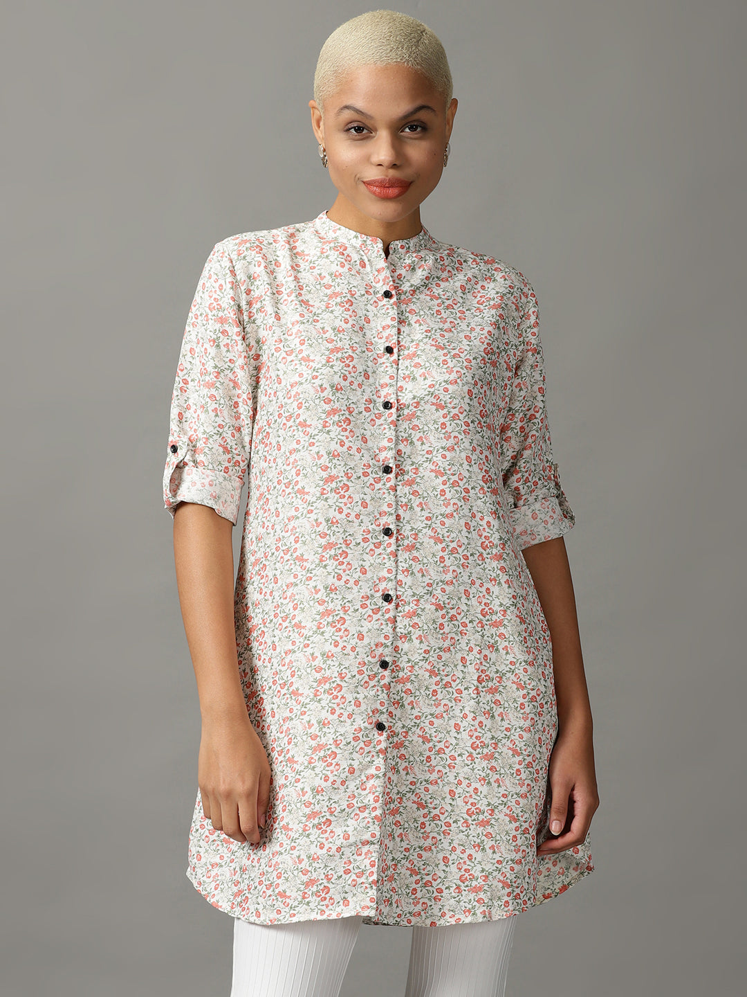 Women's White Printed Longline Shirt