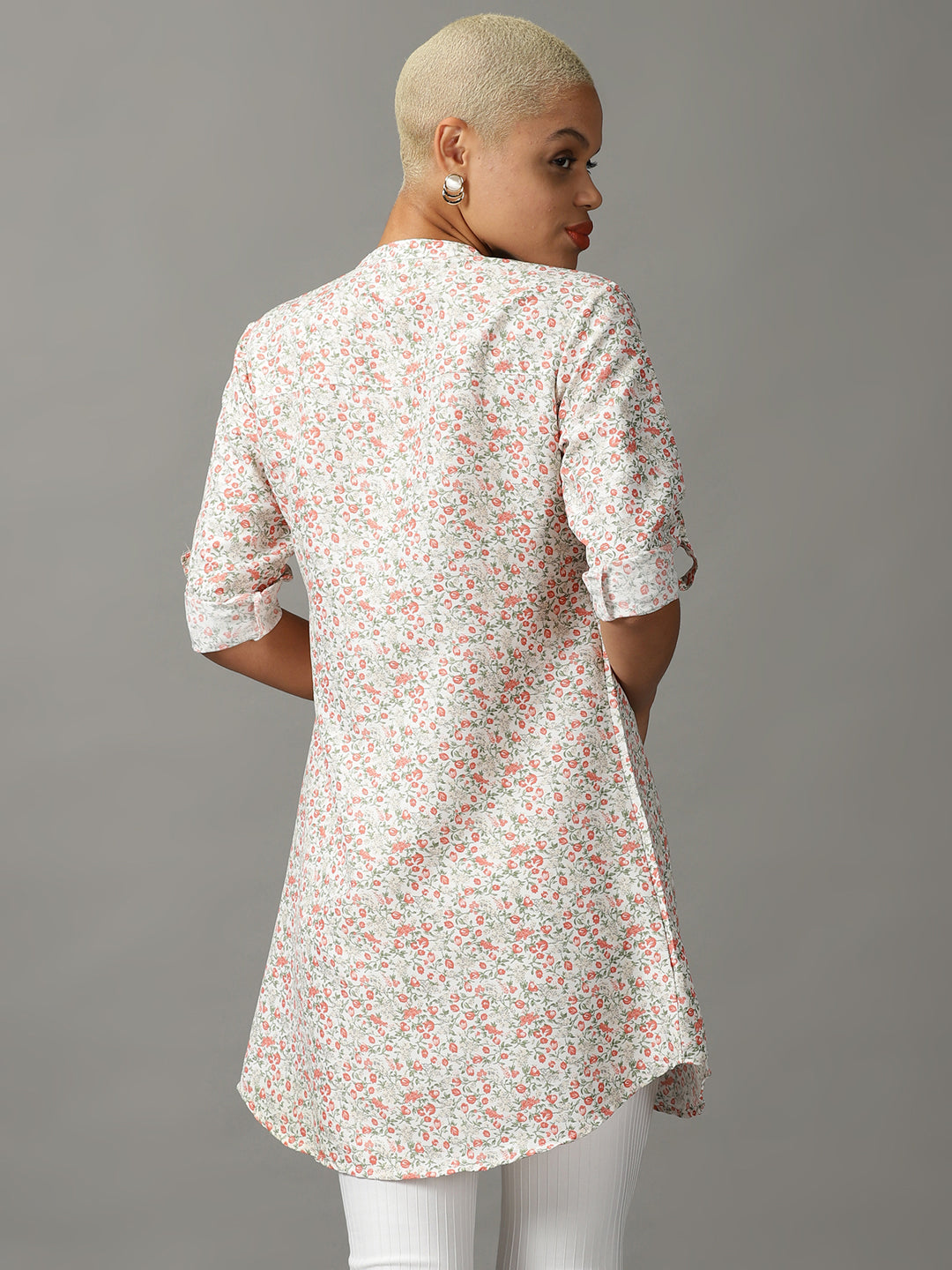 Women's White Printed Longline Shirt