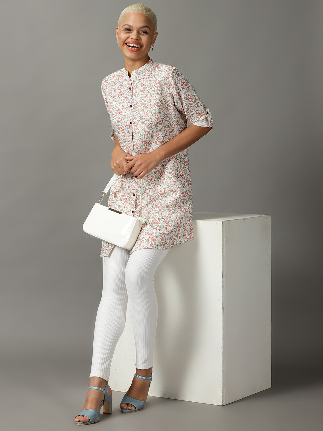 Women's White Printed Longline Shirt