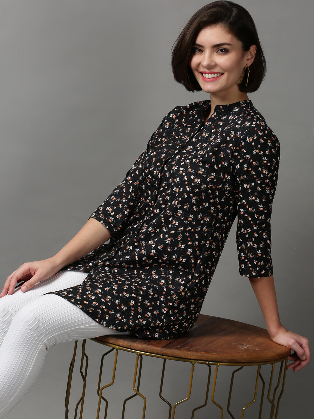 Women's Black Printed Longline Shirt