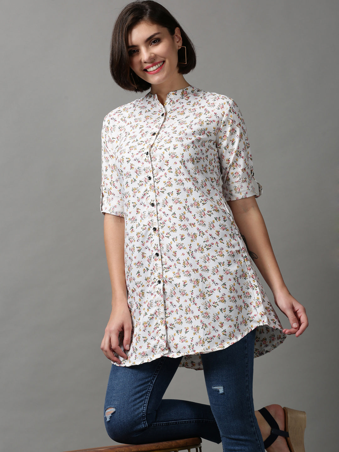 Women's White Printed Longline Shirt