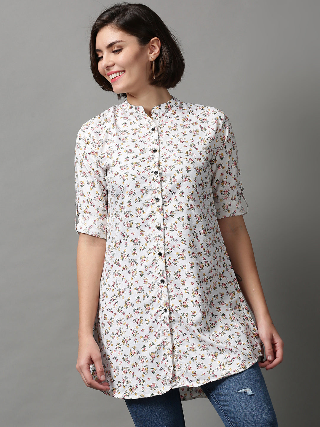 Women's White Printed Longline Shirt